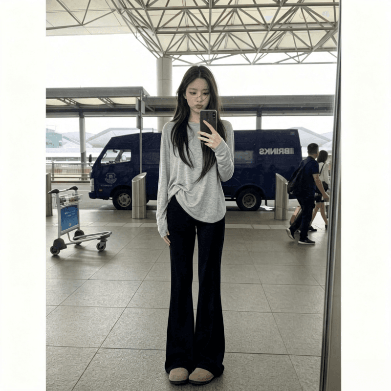 이른 가을 새로운 2026 코디 전체 집합 한국 스타일 자이언트 잘 생긴 밝은색 긴팔 맨위 여성 와이드 레그 팬츠 투피스 세트 이미지 4