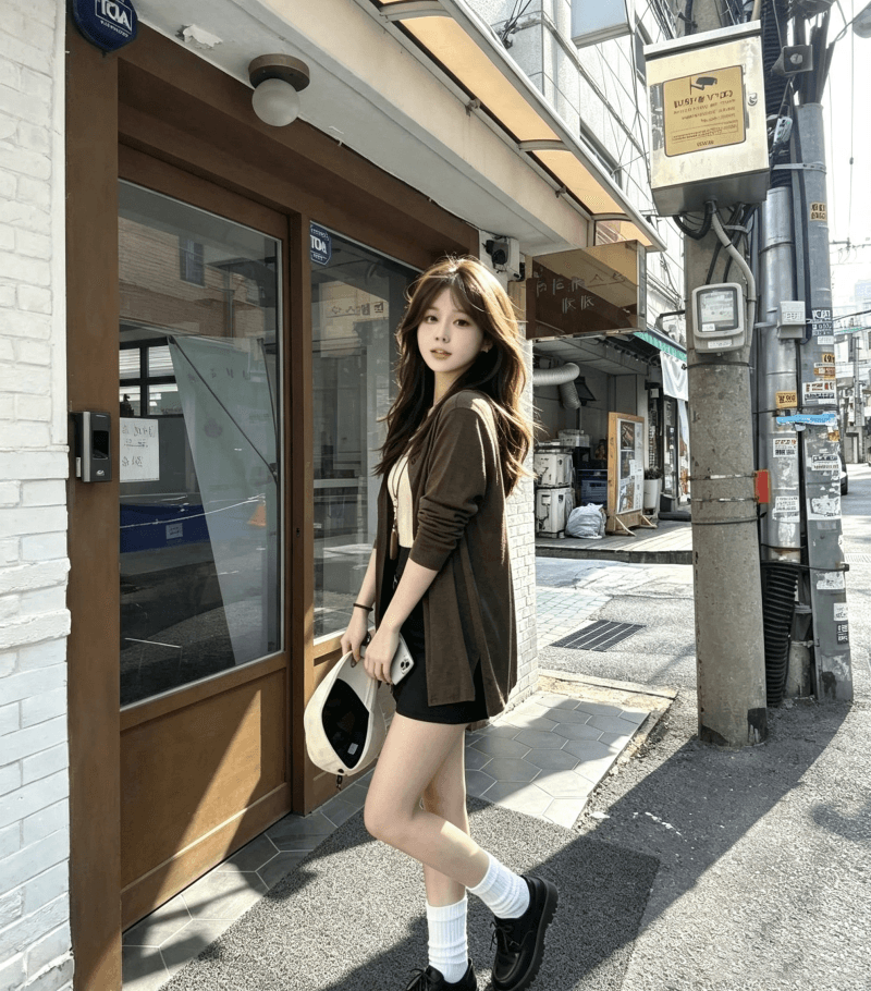 품격 전체 집합 ootd 착용 가져 가라. 느긋한 느슨함 센스 레트로 오픈 가디건 인사이드 가져 가라. 미니 스커트 세 조각 세트 2026 가을 이미지 3