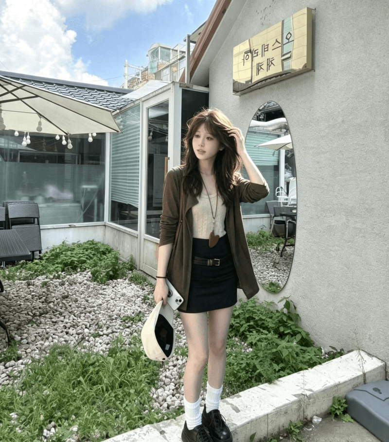 품격 전체 집합 ootd 착용 가져 가라. 느긋한 느슨함 센스 레트로 오픈 가디건 인사이드 가져 가라. 미니 스커트 세 조각 세트 2026 가을 상세 이미지 3