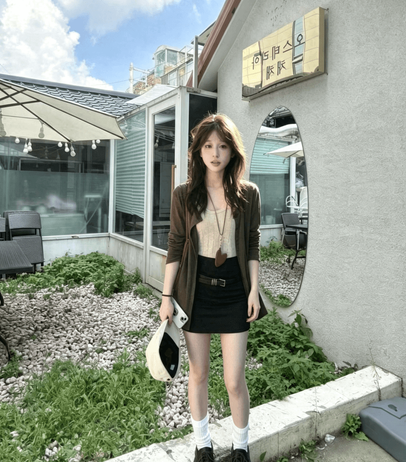 품격 전체 집합 ootd 착용 가져 가라. 느긋한 느슨함 센스 레트로 오픈 가디건 인사이드 가져 가라. 미니 스커트 세 조각 세트 2026 가을 상세 이미지 4