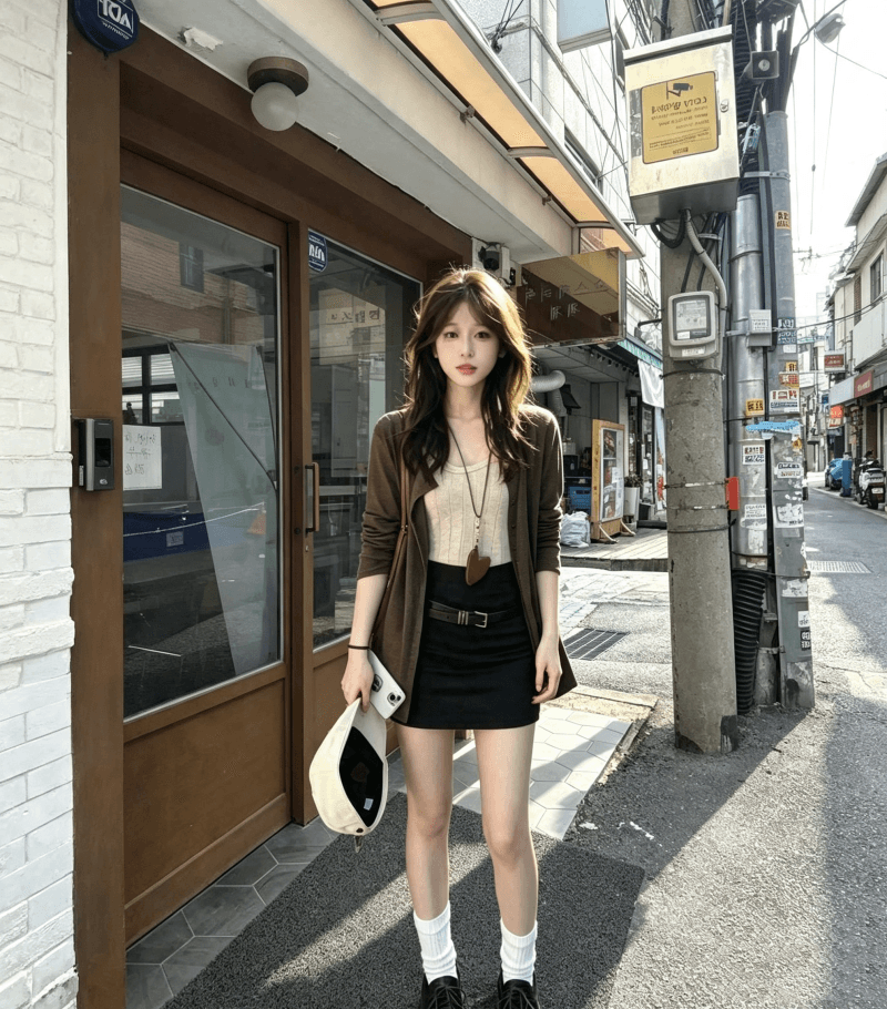 품격 전체 집합 ootd 착용 가져 가라. 느긋한 느슨함 센스 레트로 오픈 가디건 인사이드 가져 가라. 미니 스커트 세 조각 세트 2026 가을 상세 이미지 6