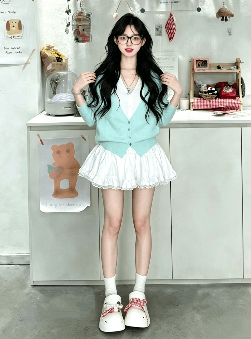 2026 봄 가을 프랑스식 새로운 페이크 레이어드 패치워크 V넥 니트 스웨터 봄 새로운 하이웨이스트 반신 치마 세트 상세 이미지 1