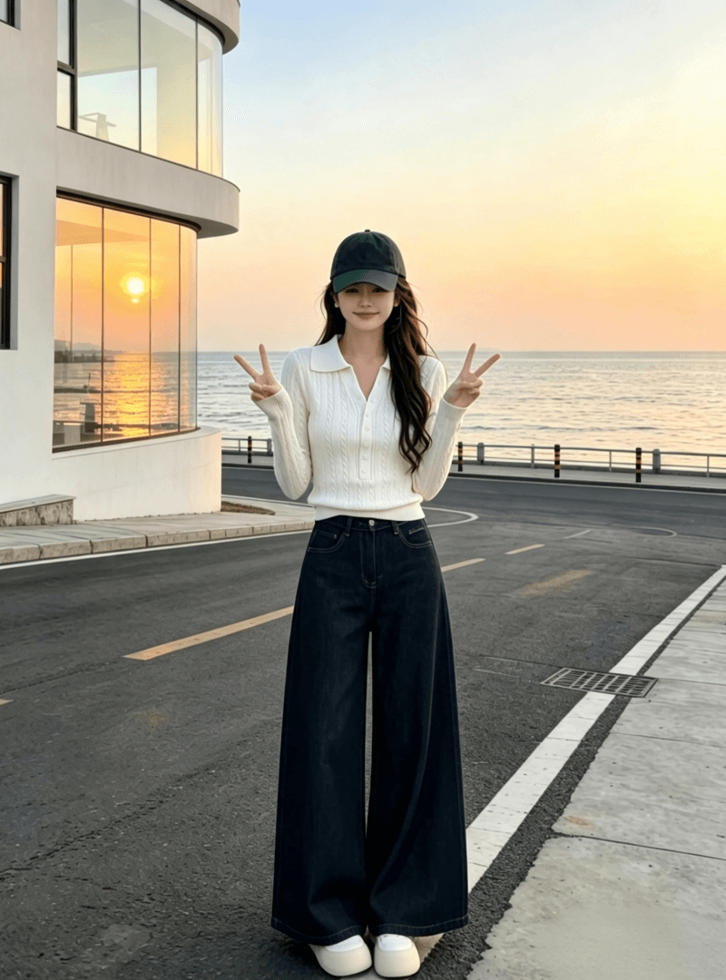착용 가져 가라. 에이즈 환자 여성 세트 2026 패션 연령 감소 화이트 꽈배기 POLO 칼라 니트 기본 셔츠 와이드 레그 팬츠 세트 상세 이미지 5