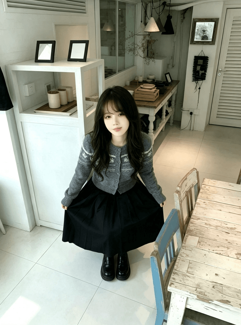 라운드 넥 오픈 가디건 쇼트 스타일 공정한 섬 스웨터 여자 가을 겨울 슬림해 보이는 느긋한 바람 몸매 가꾸기 경기 검정색 반신 스커트 투피스 세트 상세 이미지 4