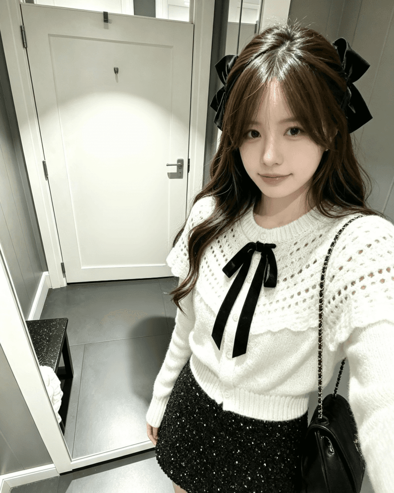 프랑스식 홀로우 아웃 숄 여성 가을 겨울 나비 매듭 진주 버클 부드러운 니트 오픈 가디건 가져 가라. 검정색 스팽글 치마 투피스 세트 상세 이미지 4
