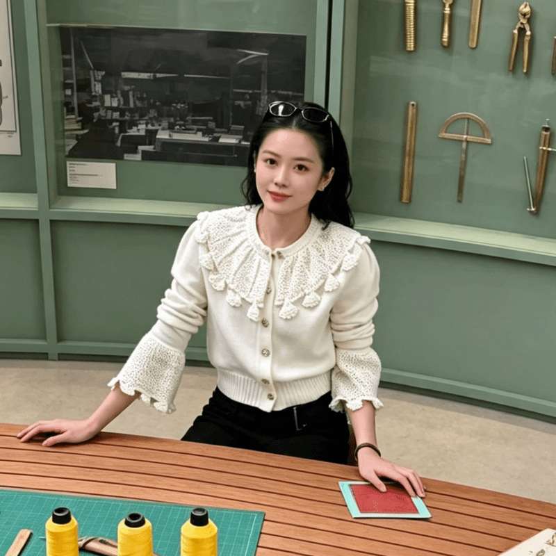 2026 달콤한 스타일 베이비 칼라 나팔 소매 프릴 술 니트 오픈 가디건 여성 가을 쇼트 스타일 스웨터 상세 이미지 5