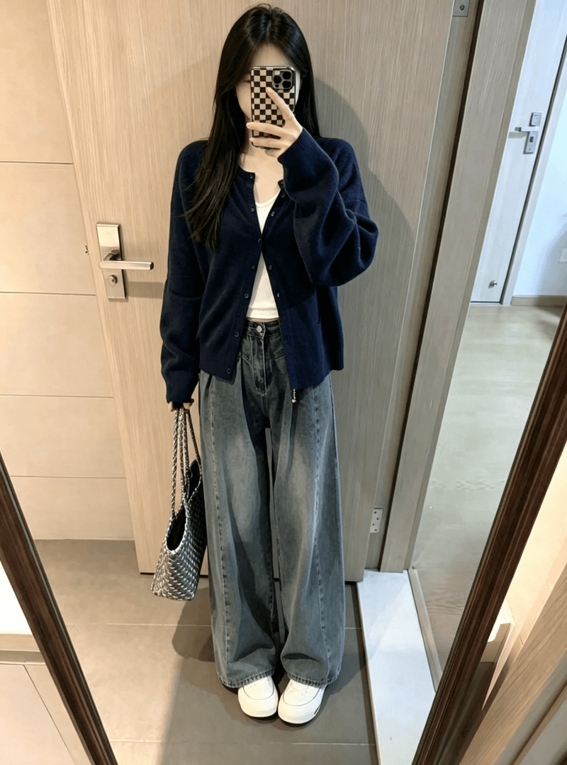 가을 그레이트 통해보기 가져 가라. 여성 한 부서 해군 니트 오픈 가디건 슬립 인사이드 가져 가라. 슬립 청바지 3종 세트 상세 이미지 1