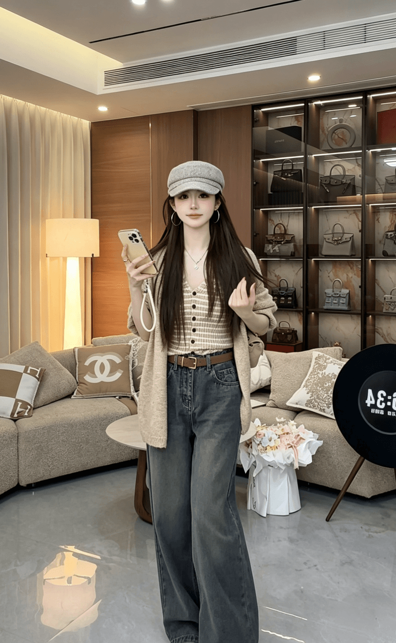 웨스트 En 맞춤 세련된 모델 학생 2026 가을 겨울 새로운 한 부서 배색 조끼 니트 오픈 가디건 투피스 세트 이미지 4