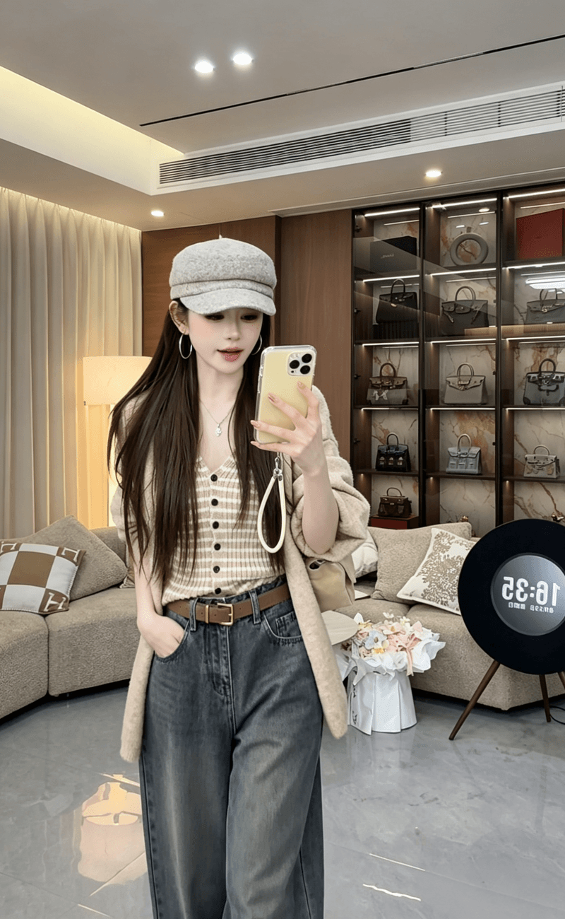 웨스트 En 맞춤 세련된 모델 학생 2026 가을 겨울 새로운 한 부서 배색 조끼 니트 오픈 가디건 투피스 세트 상세 이미지 8