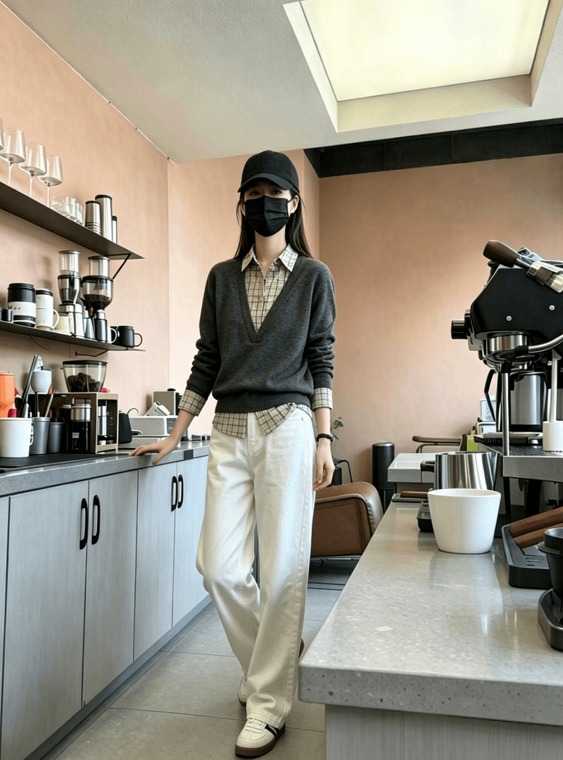2026 한국 스타일 슈퍼 잘 생긴 체크무늬 칼라 패치워크 페이크 레이어드 니트 맨위 코디 화이트 청바지 투피스 세트 이미지 2