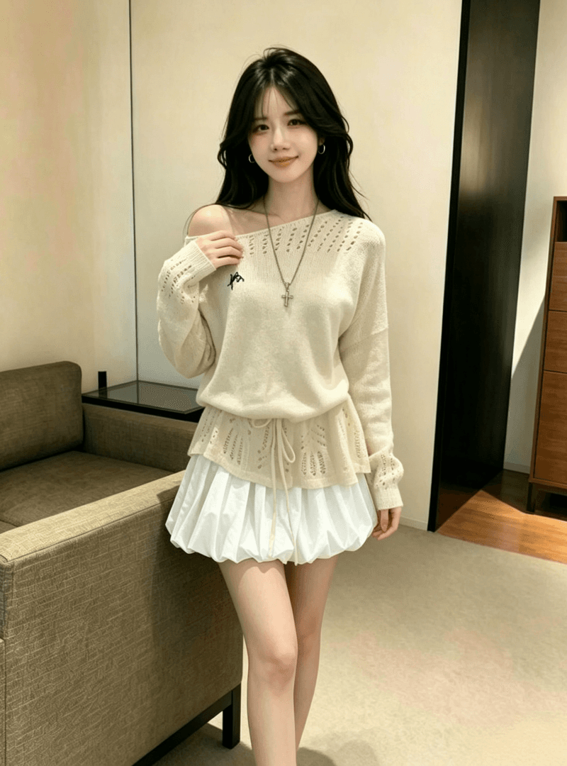 한 부서 홀로우 아웃 몸매 가꾸기 니트 긴 소매 여성 이른 가을 새로운 고유 한 아름다운 그레이트 봐. 의류 반신 치마 세트