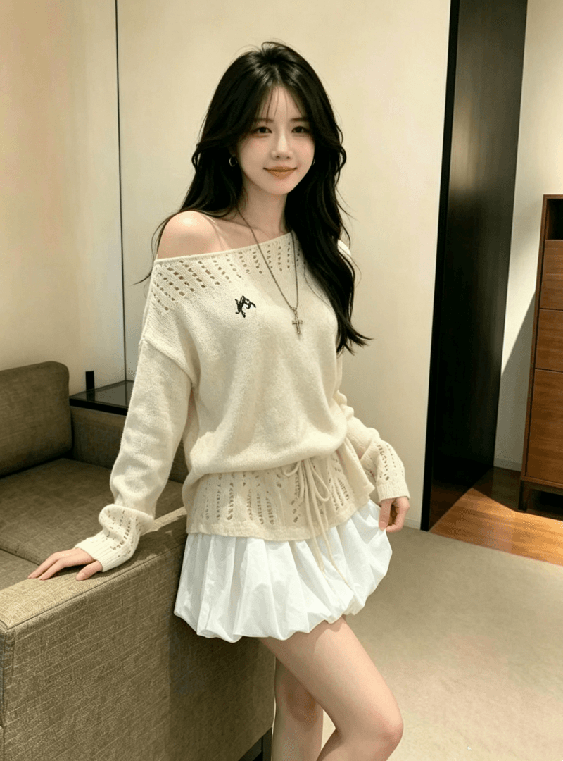 한 부서 홀로우 아웃 몸매 가꾸기 니트 긴 소매 여성 이른 가을 새로운 고유 한 아름다운 그레이트 봐. 의류 반신 치마 세트 상세 이미지 6