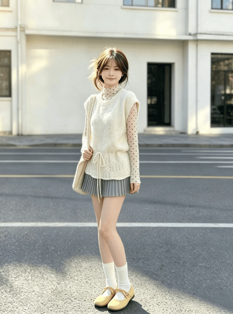 레드 맨 파빌리온 양모 니트 베스트 여자 조끼 외부 가져 가라. 스택 착용 고급 센스 프랑스식 베스트 경기 반신 치마 세트