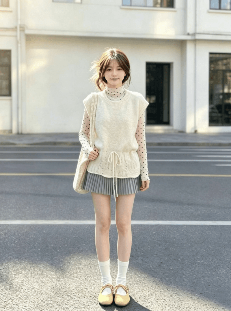 레드 맨 파빌리온 양모 니트 베스트 여자 조끼 외부 가져 가라. 스택 착용 고급 센스 프랑스식 베스트 경기 반신 치마 세트 이미지 3