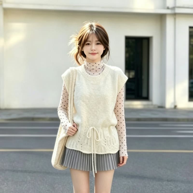 레드 맨 파빌리온 양모 니트 베스트 여자 조끼 외부 가져 가라. 스택 착용 고급 센스 프랑스식 베스트 경기 반신 치마 세트 이미지 5