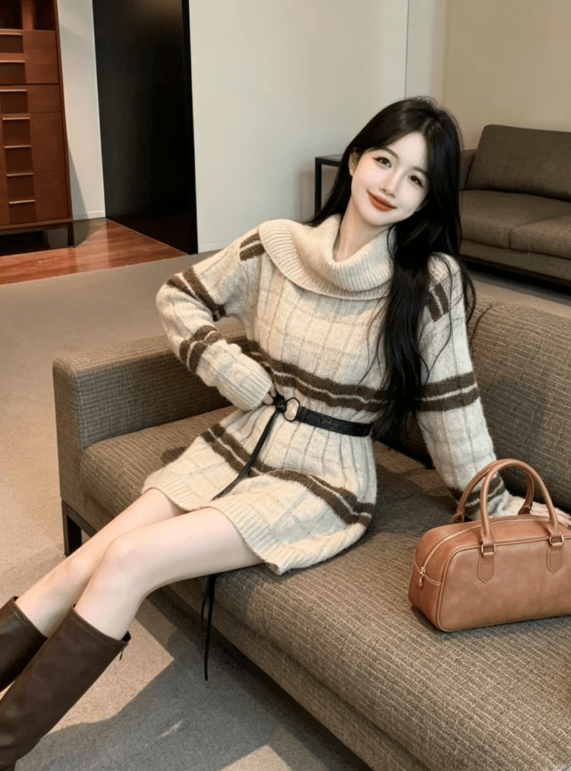 아메리칸 커피 색상 스웨터 니트 스웨터 여성 가을 겨울철 두꺼운 느긋한 바람 아름다움 라드. 한 단어 오프숄더 맨위 중간 길이 상세 이미지 2