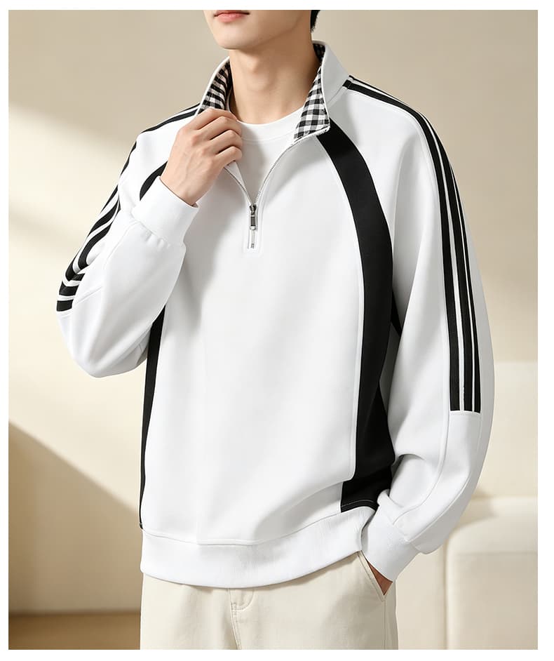 가을 겨울철 새로운 남성 후드티 후아 면 3개 바 하프 지퍼 후드티 남자 배색 재킷 루즈핏 재킷 남자 상세 이미지 19