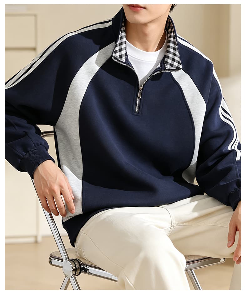 가을 겨울철 새로운 남성 후드티 후아 면 3개 바 하프 지퍼 후드티 남자 배색 재킷 루즈핏 재킷 남자 상세 이미지 24
