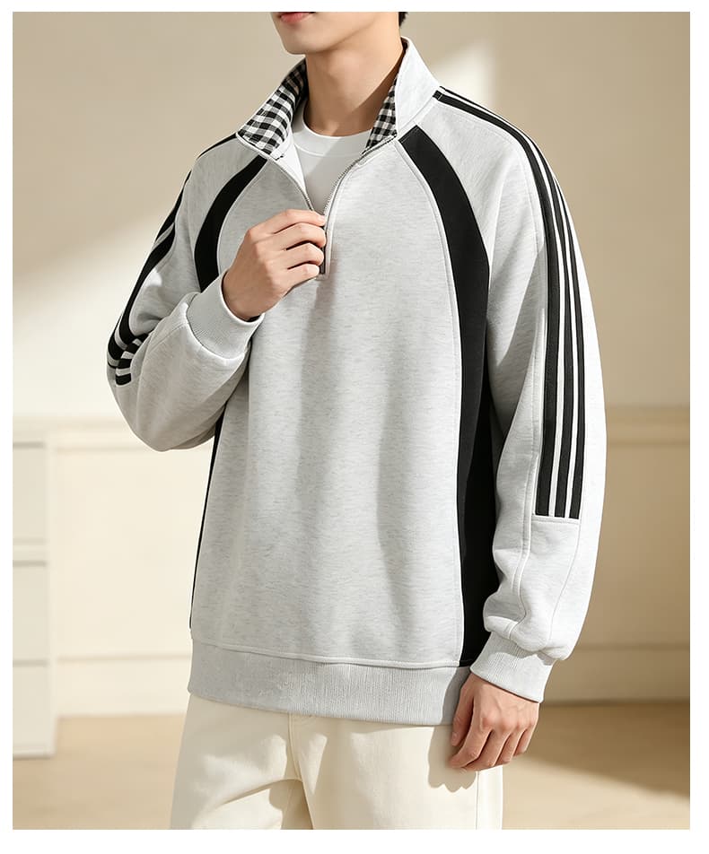 가을 겨울철 새로운 남성 후드티 후아 면 3개 바 하프 지퍼 후드티 남자 배색 재킷 루즈핏 재킷 남자 상세 이미지 30
