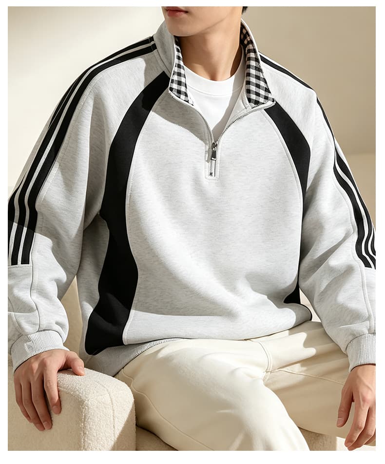 가을 겨울철 새로운 남성 후드티 후아 면 3개 바 하프 지퍼 후드티 남자 배색 재킷 루즈핏 재킷 남자 상세 이미지 32