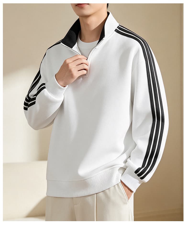 가을 겨울철 새로운 남성 후드티 후아 면 3개 바 하프 지퍼 후드티 남자 배색 스탠드 칼라 루즈핏 재킷 남자 상세 이미지 19