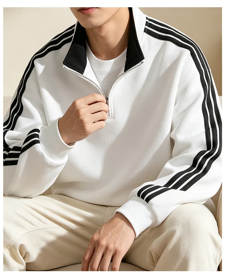 가을 겨울철 새로운 남성 후드티 후아 면 3개 바 하프 지퍼 후드티 남자 배색 스탠드 칼라 루즈핏 재킷 남자 상세 이미지 20