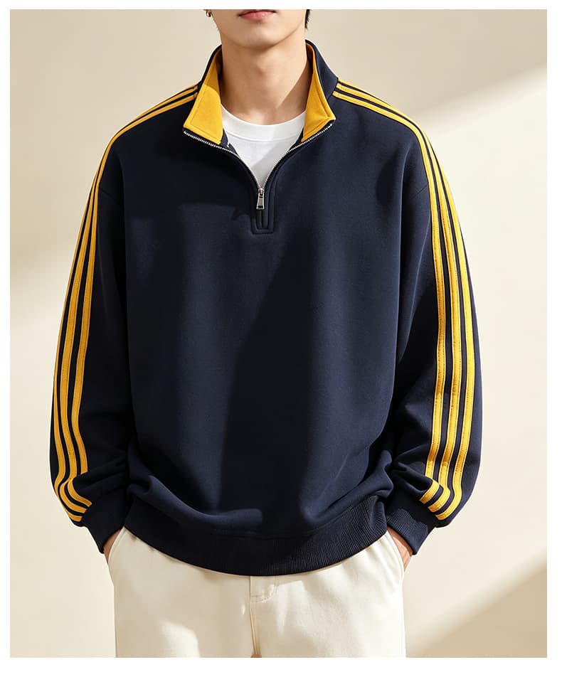 가을 겨울철 새로운 남성 후드티 후아 면 3개 바 하프 지퍼 후드티 남자 배색 스탠드 칼라 루즈핏 재킷 남자 상세 이미지 22