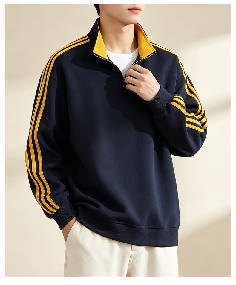 가을 겨울철 새로운 남성 후드티 후아 면 3개 바 하프 지퍼 후드티 남자 배색 스탠드 칼라 루즈핏 재킷 남자 상세 이미지 23
