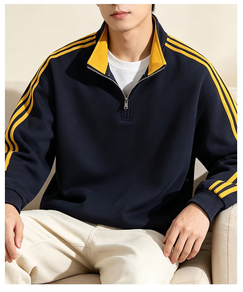 가을 겨울철 새로운 남성 후드티 후아 면 3개 바 하프 지퍼 후드티 남자 배색 스탠드 칼라 루즈핏 재킷 남자 상세 이미지 24