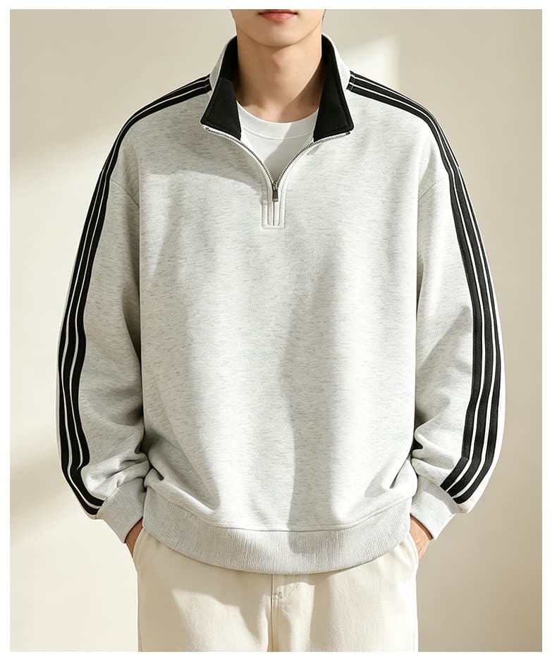 가을 겨울철 새로운 남성 후드티 후아 면 3개 바 하프 지퍼 후드티 남자 배색 스탠드 칼라 루즈핏 재킷 남자 상세 이미지 30