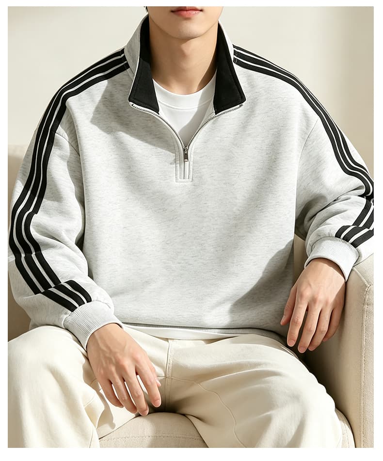 가을 겨울철 새로운 남성 후드티 후아 면 3개 바 하프 지퍼 후드티 남자 배색 스탠드 칼라 루즈핏 재킷 남자 상세 이미지 32