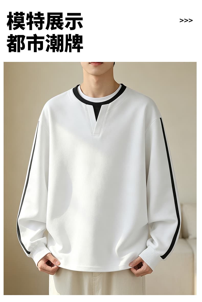 가을 겨울철 새로운 남성 후드티 후아 면 하나 바 페이크 레이어드 라운드 넥 후드티 남자 패치워크 색상 루즈핏 라운드 넥 만나는 상세 이미지 15
