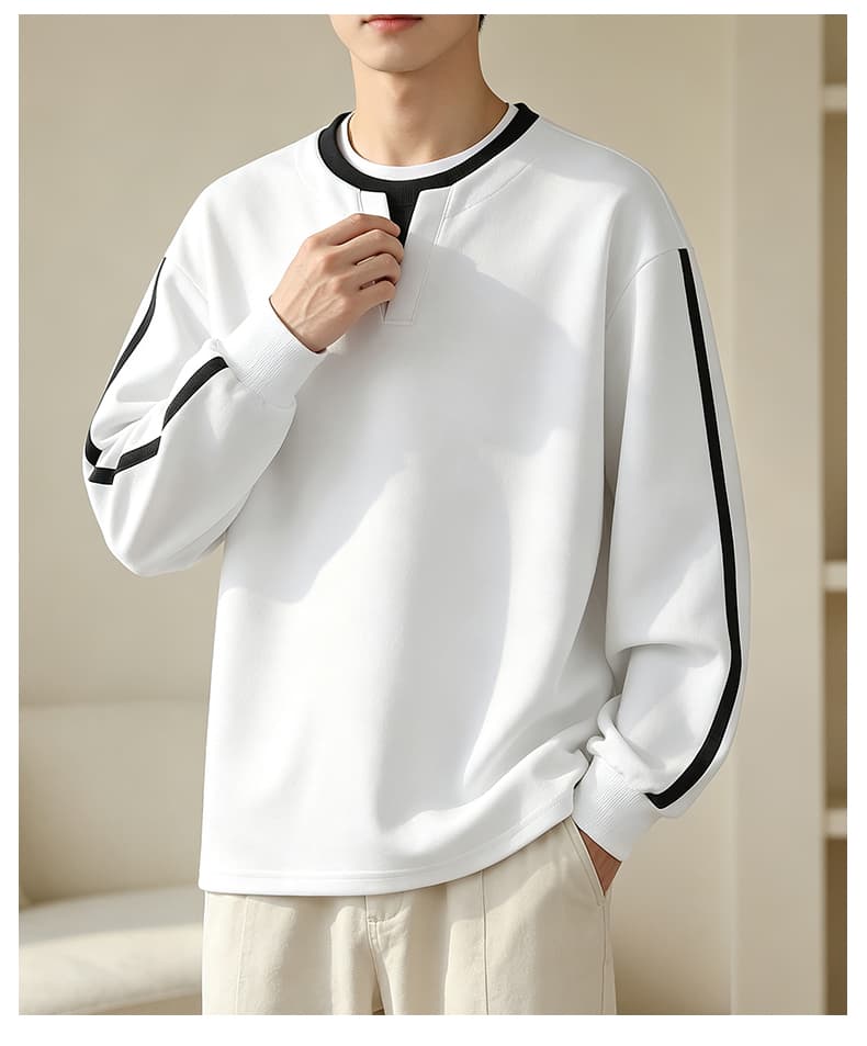 가을 겨울철 새로운 남성 후드티 후아 면 하나 바 페이크 레이어드 라운드 넥 후드티 남자 패치워크 색상 루즈핏 라운드 넥 만나는 상세 이미지 16