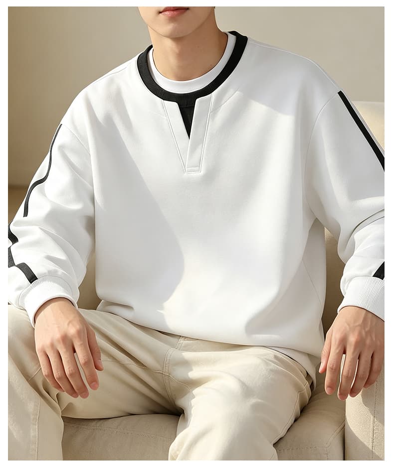 가을 겨울철 새로운 남성 후드티 후아 면 하나 바 페이크 레이어드 라운드 넥 후드티 남자 패치워크 색상 루즈핏 라운드 넥 만나는 상세 이미지 17