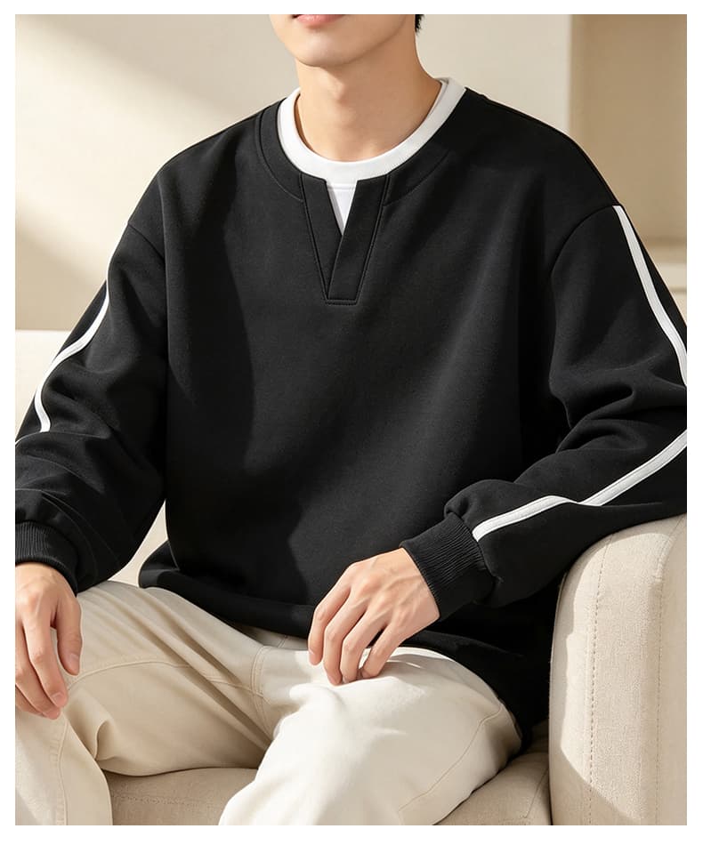 가을 겨울철 새로운 남성 후드티 후아 면 하나 바 페이크 레이어드 라운드 넥 후드티 남자 패치워크 색상 루즈핏 라운드 넥 만나는 상세 이미지 21