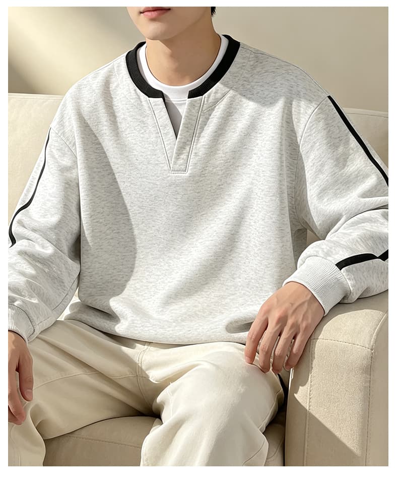 가을 겨울철 새로운 남성 후드티 후아 면 하나 바 페이크 레이어드 라운드 넥 후드티 남자 패치워크 색상 루즈핏 라운드 넥 만나는 상세 이미지 25