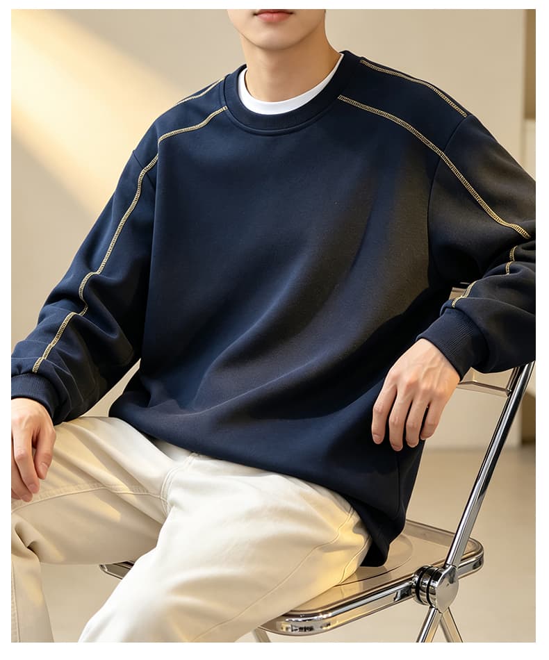 가을 겨울철 새로운 남성 후드티 후아 면 명시적 스티치 디자인 라운드 넥 후드티 남자 리브 네클라인 소년 루즈핏 트렌드 상세 이미지 24