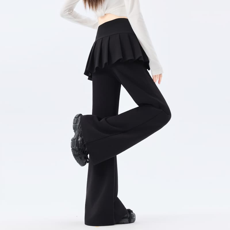 실사 페이크 레이어드 플리츠 랩스커트팬츠 플레어 바지 2026 봄 새로운 하이웨이스트 슬림해 보이는 부츠컷 바지 와이드 레그 팬츠 이미지 4