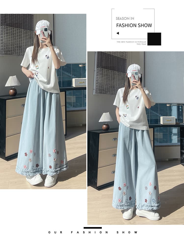 실사 프릴 워시 물 면 꽃 와이드 레깅스 바지 2026 봄 여름 하이웨이스트 루즈핏 9 포인트 캐주얼 스트레이트 팬츠 상세 이미지 31