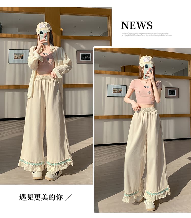 실사 워시 물 면 와이드 레깅스 바지 2026 봄 여름 레이스 조각 하이웨이스트 9 포인트 캐주얼 바지 루즈핏 스트레이트 팬츠 상세 이미지 22