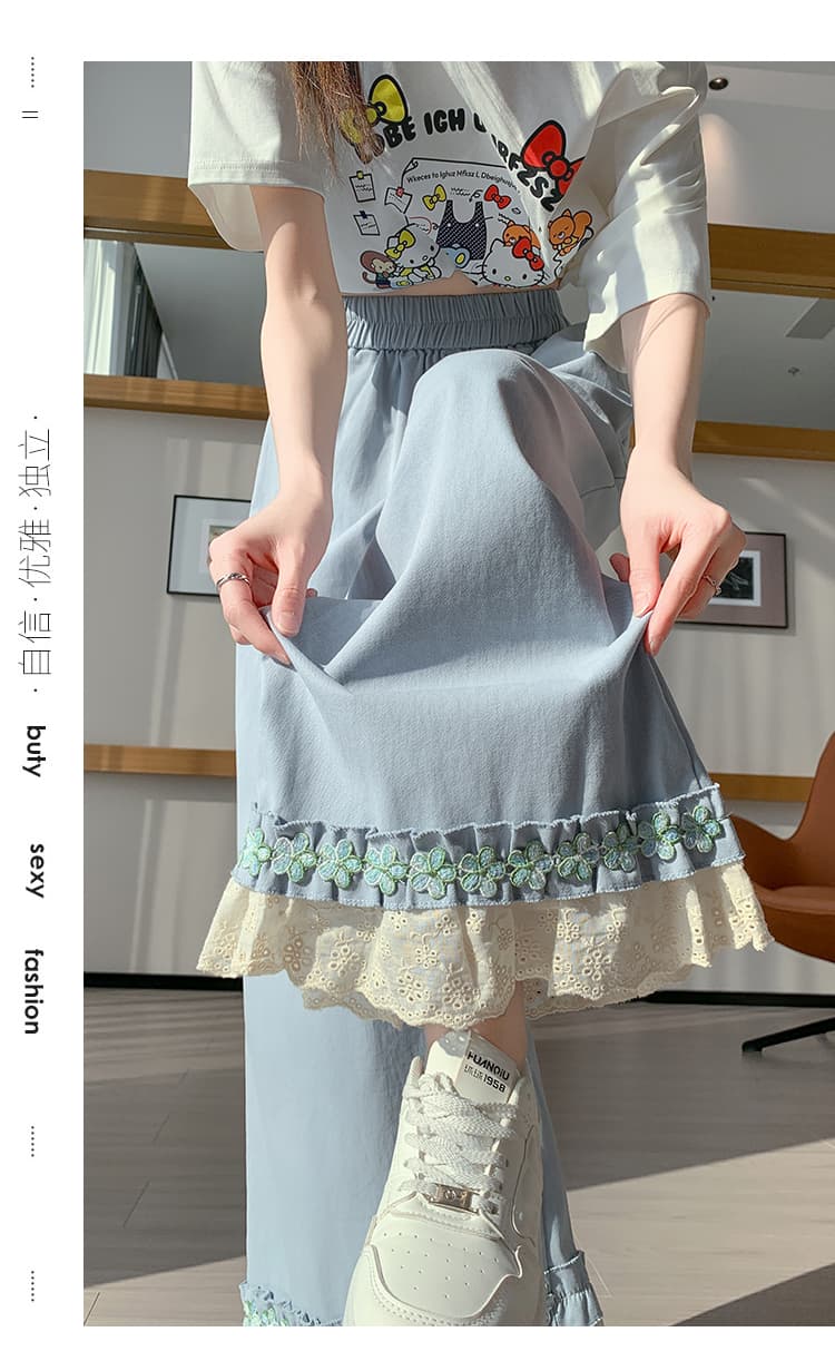 실사 워시 물 면 와이드 레깅스 바지 2026 봄 여름 레이스 조각 하이웨이스트 9 포인트 캐주얼 바지 루즈핏 스트레이트 팬츠 상세 이미지 35