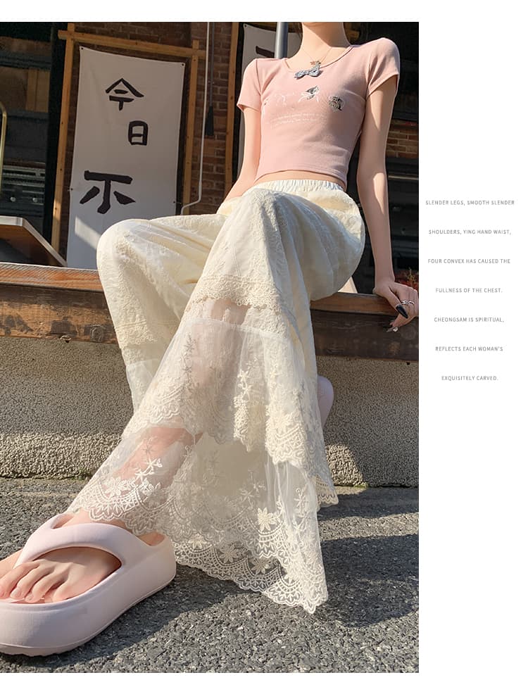 실사 자수 레이스 와이드 레그 팬츠 디자인 센스 하이웨이스트 슬림해 보이는 허리밴드 레이스 패치워크 바지 도루 센스 캐주얼 바지 상세 이미지 26