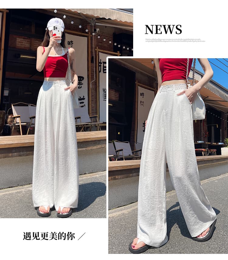 실사 얼음 실크 면 린넨 정장 바지 여성 2026 여름 새로운 홀로우 아웃 레이스 하이웨이스트 와이드 레그 팬츠 스트레이트 바닥 청소 바지 상세 이미지 41