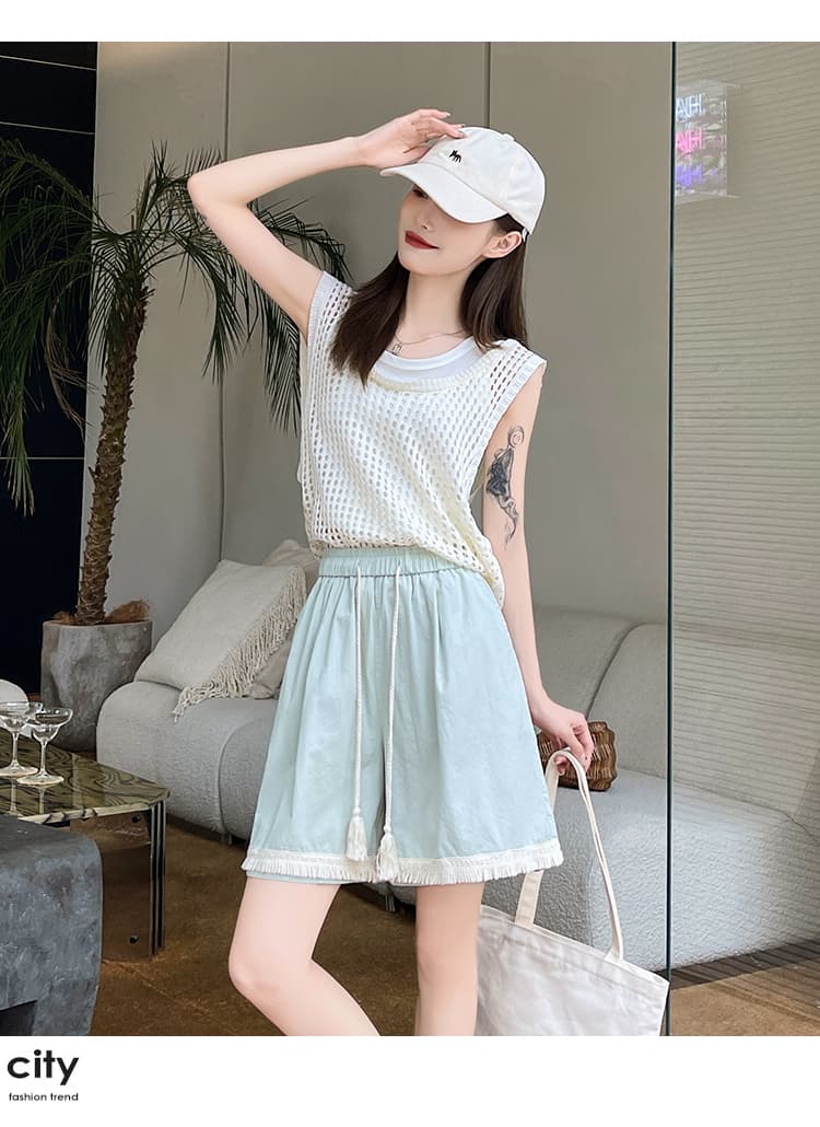 실사 워시 물 면 술 캐주얼 바지 2026 여름 다용도 슬림해 보이는 허리밴드 루즈핏 와이드 레그 팬츠 외출용 반바지 상세 이미지 22