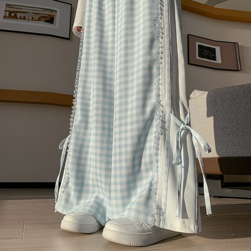 실사 얼음 실크 염색 정장 와이드 레깅스 바지 2026 여름 하이웨이스트 레이스 패치워크 캐주얼 스트레이트 바닥 청소 바지 이미지 3