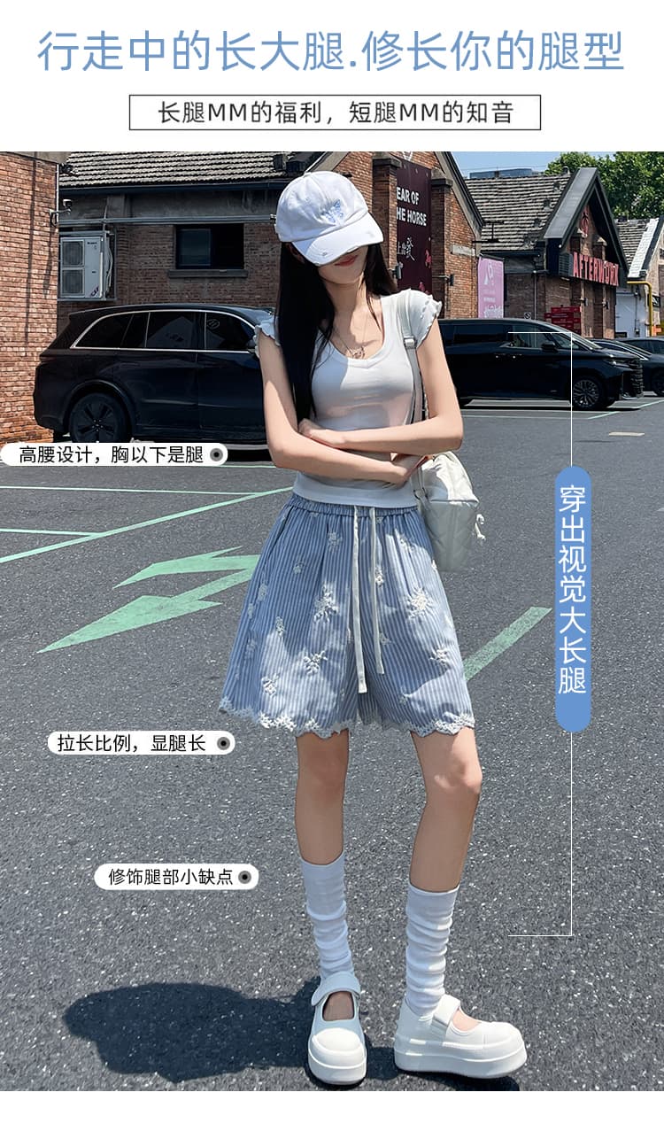 실사 파란색 스트라이프 자수 레이스 레이스 반바지 여성 2026 여름 하이웨이스트 루즈핏 슬림해 보이는 캐주얼 와이드 레그 팬츠 상세 이미지 18