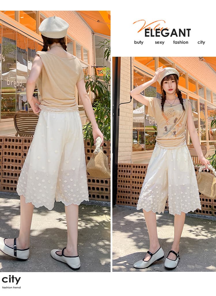 실사 자수 레이스 자수 와이드 레깅스 바지 2026 여름 하이웨이스트 슬림해 보이는 디자인 센스 자수 자수 오부 바지 상세 이미지 21