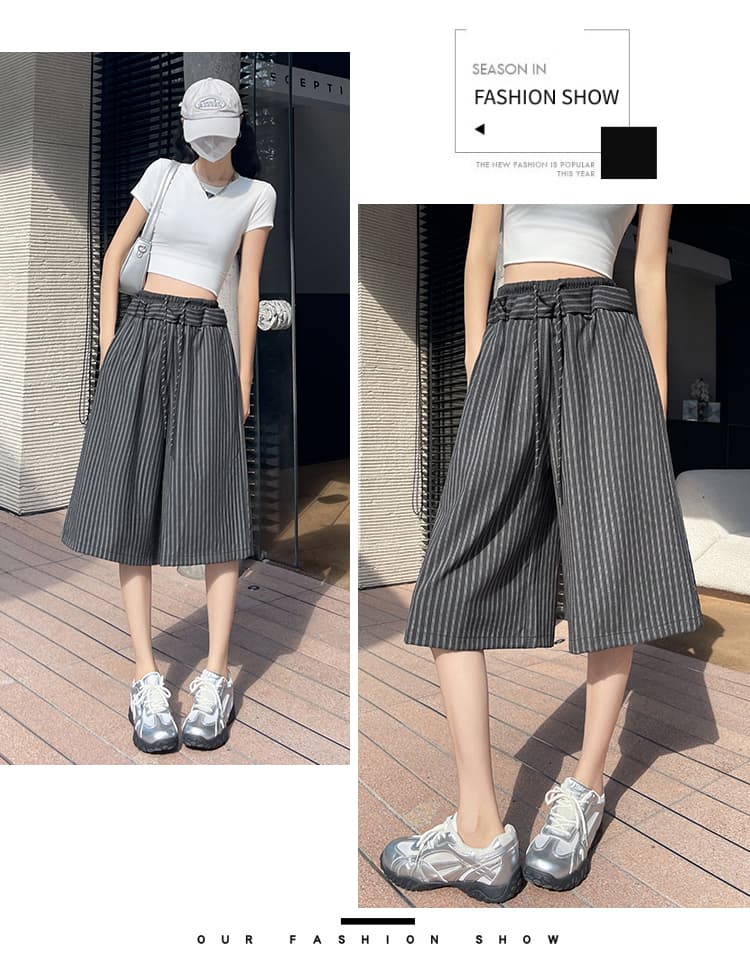 실사 프릴 스트라이프 와이드 레깅스 바지 여름 느긋한 바람 하이웨이스트 슬림해 보이는 레이스업 스트레이트 5 점 캐주얼 바지 상세 이미지 56