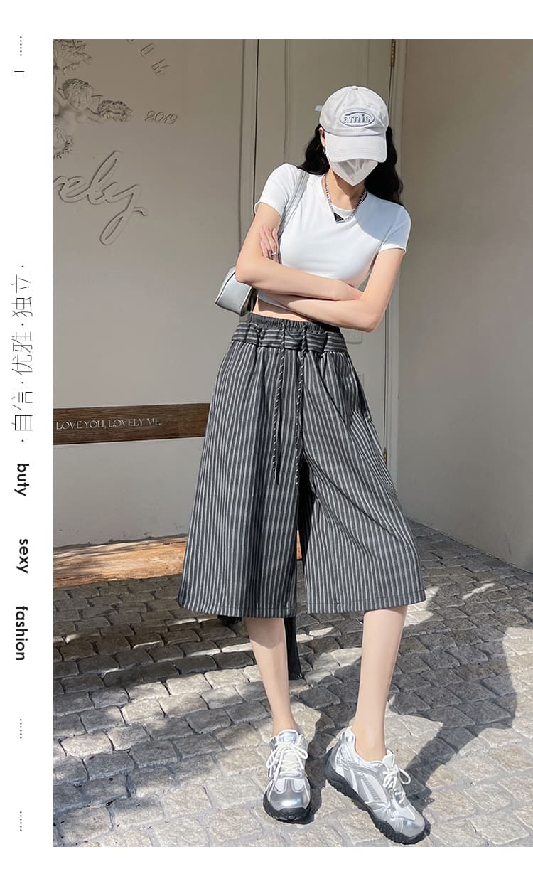 실사 프릴 스트라이프 와이드 레깅스 바지 여름 느긋한 바람 하이웨이스트 슬림해 보이는 레이스업 스트레이트 5 점 캐주얼 바지 상세 이미지 59