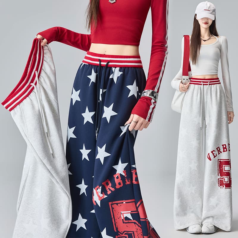 아메리칸 레트로 별 와이드 레깅스 바지 배색 허리 머리 펌프 로프 운동 웨이 바지 높음 거리 도루 센스 바닥 청소 캐주얼 긴 바지 이미지 2